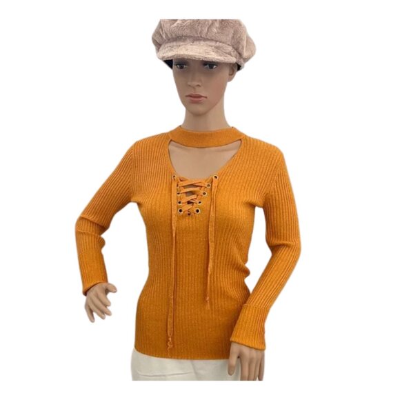 Questions Tops - Questions Orange Ribbed Lace-Up Sweater with Front Cutout - Size S